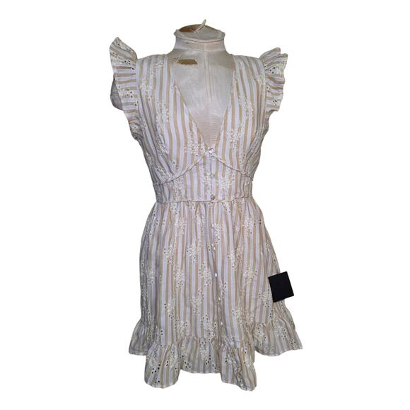 Lulus Sunny Crush Beige and Ivory‎ Striped Embroidered Dress Size S NWT - Picture 1 of 5